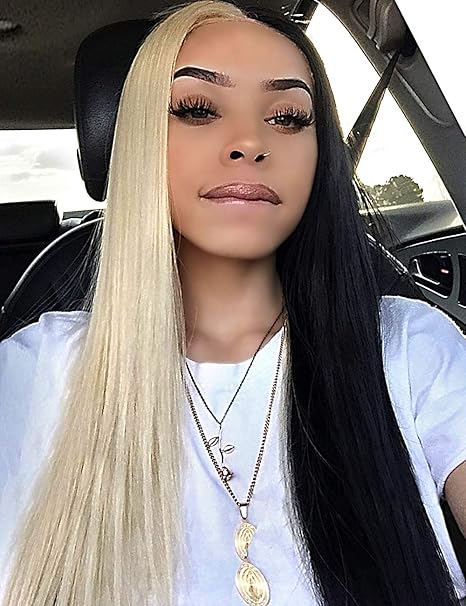 Sotica 28 Half Blonde And Half Black Color Middle Parted Yaki Synthetic Hair Wigs For Women Long Silky Smooth Straight High Temperature Synthetic Full Hair Wigs Amazon Ca Beauty Personal Care
