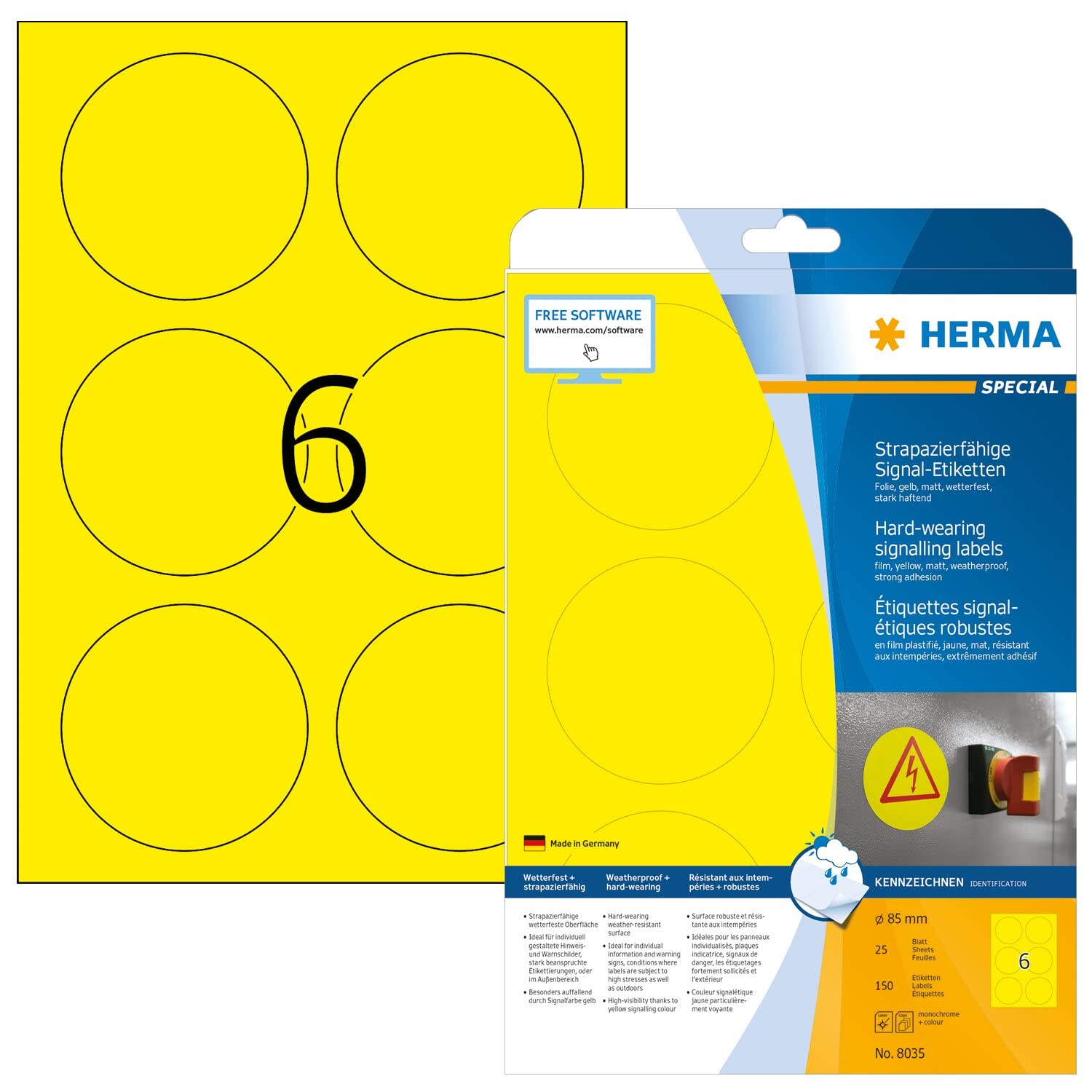 HERMA Signs signalling hard-wearing A4 Ø 85 mm round yellow strong adhesion film matt weatherpr 150 pcs.