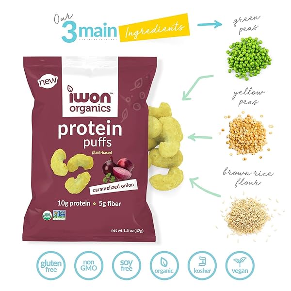 IWON ORGANICS CARAMELIZED ONION FLAVOR PROTEIN PUFF, HIGH PROTEIN AND ORGANIC HEALTHY SNACKS, 8 BAGS