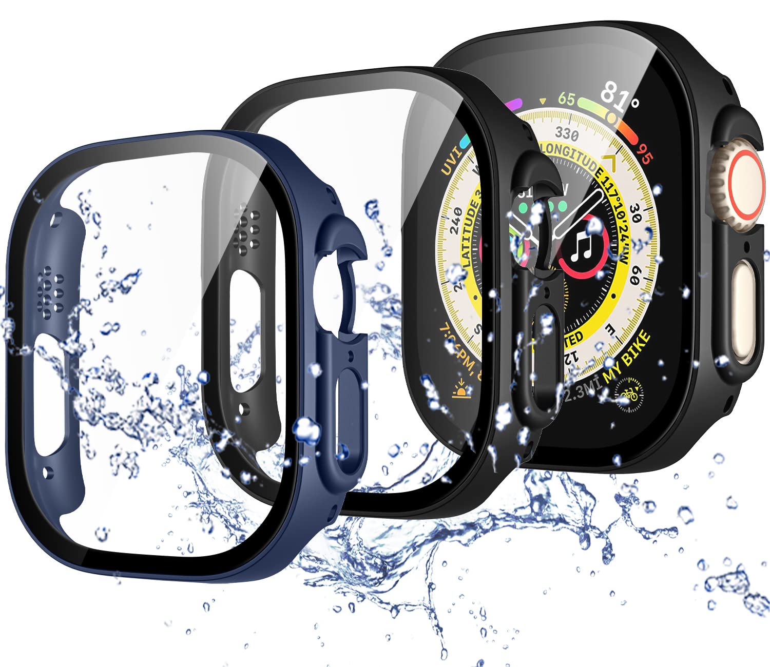 Upeak Waterproof Case for Apple Watch Ultra 49mm Screen Protector, Hard PC Tempered Glass Shockproof Cover for iWatch Ultra 49mm Case, 3 Pack - Black/Black/Blue — image 1