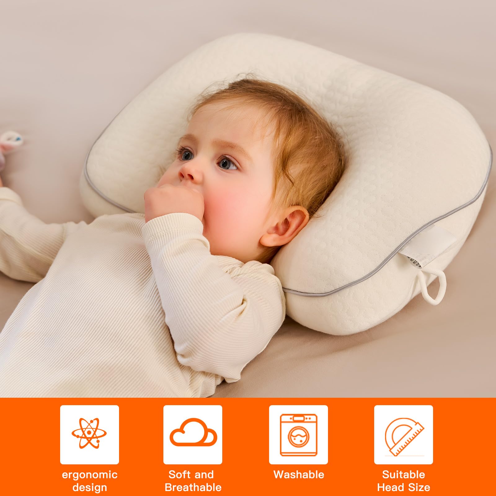 Baby Head Pillow Upgraded Flat Head Pillow, Baby Neck Support for Carseat Soft and Breathable Ergonomic Design, White