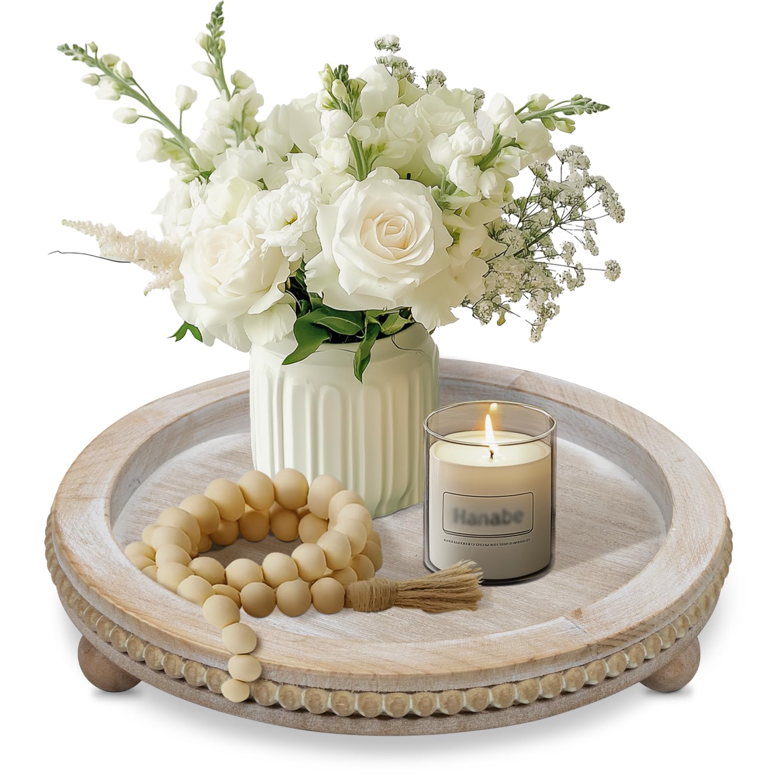 Photo 1 of Round Candle Tray Holder Plates, Wooden Decorative Trays for Coffee Table Decor, Farmhouse Wood Riser Beaded Round Tray, Centerpiece Decor, Kitchen Table, Home Decor, Wash White