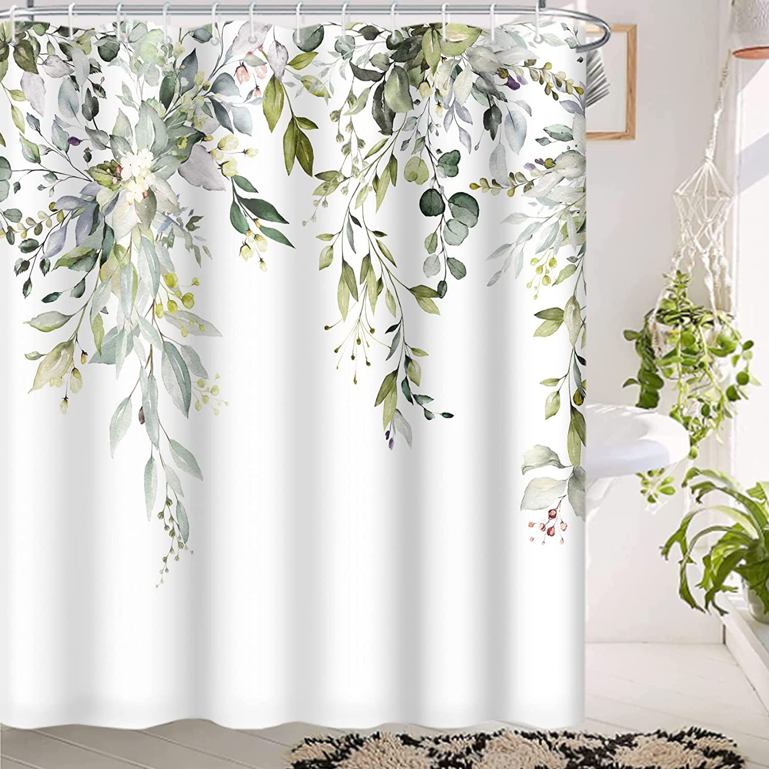MIRRORANG Sage Green Eucalyptus Shower Curtain,Watercolor Leaf Plant with Floral Bathroom Curtains with Hooks,Waterproof Mildew and Mould Resistant Polyester Washable Shower Curtain (183 x 213 cm) — image 1