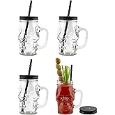 Darware Skull Mason Jar Mugs (Set of 4); Clear 12oz Glasses with Reusable Straws/Halloween Mugs