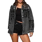 Women's Boyfriend Denim Jacket Long Sleeve Oversized Fringe Jean Jacket Coats