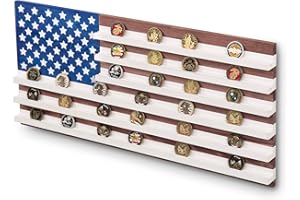 MyGift Solid Wood Wall Mounted Military Challenge Coin Holder Display with Vintage American Flag