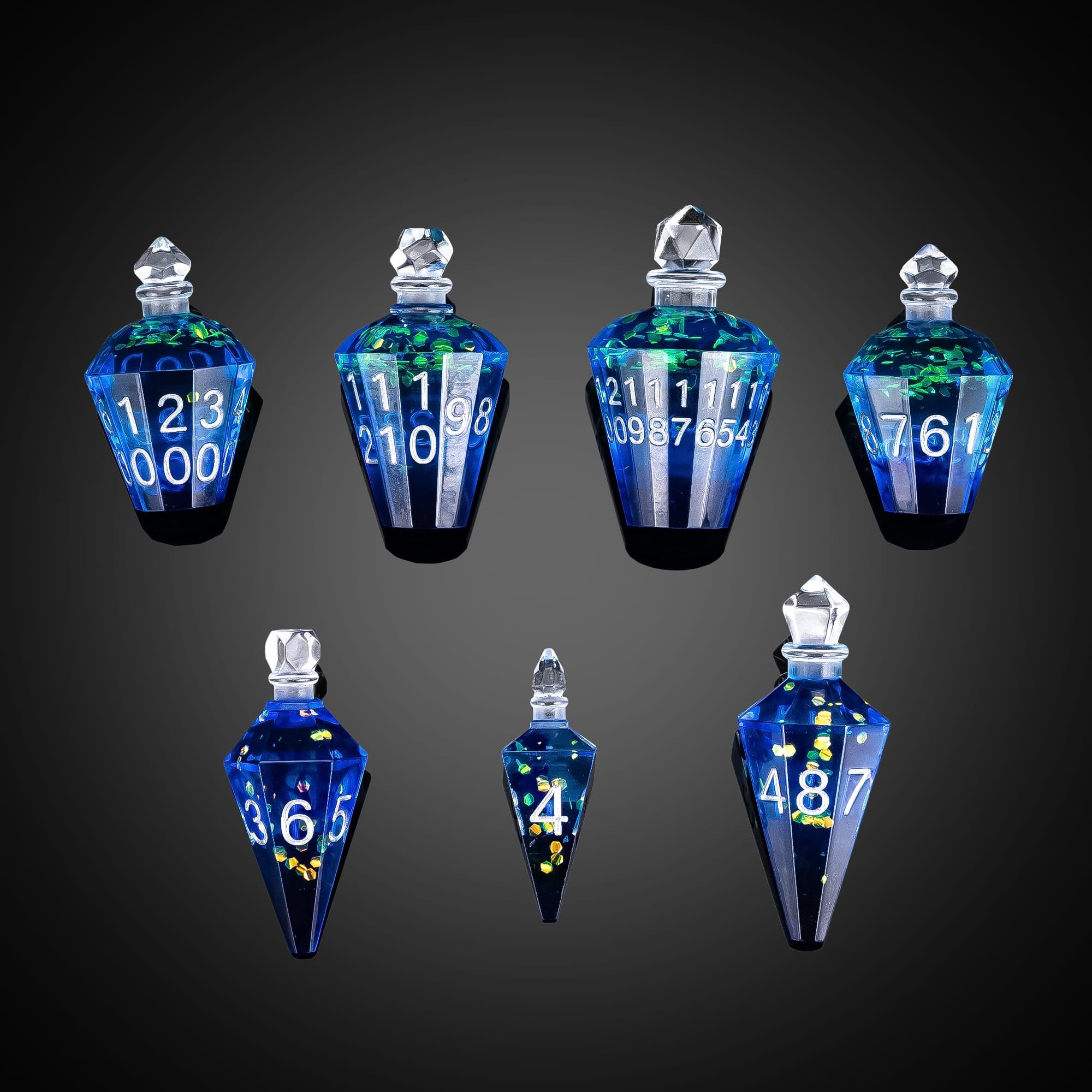 Cusdie 7-Die Sharp Edges DND Dice Set, Potion Shaped D&D Dice, Handcrafted Polyhedral Dice Set, Potion Dice for TTRPG Role Playing Game Pathfinder(Royal Blue w/Silver Numbers)