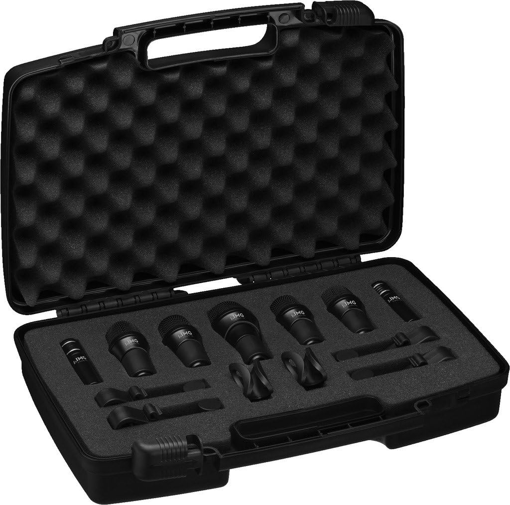 IMG Stageline Drum Set 1 Drum Microphone Kit, 7- Piece Drum mics set, Bass, Snare, Tom-Tom, Overhead, Snare Microphone bundle, Studio Microphone Set, Performance Microphone