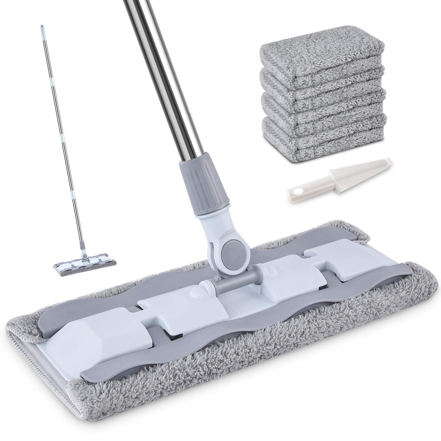 HOMTOYOU Microfiber Flat Floor Mop, Dust Mop for Laminate Tile Hardwood Vinyl Ceramic Floor Cleaning with 4 Washable Pads and 1 Dirt Removal Scrubber (Grey)