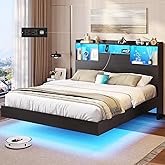 DICTAC Queen Floating Bed Frame with LED Lights and Storage Headboard, Visual Floating Bed with Charing Station, Queen Size Metal Platform Bed with Stable Structure, No Box Spring Need, Easy Assembly