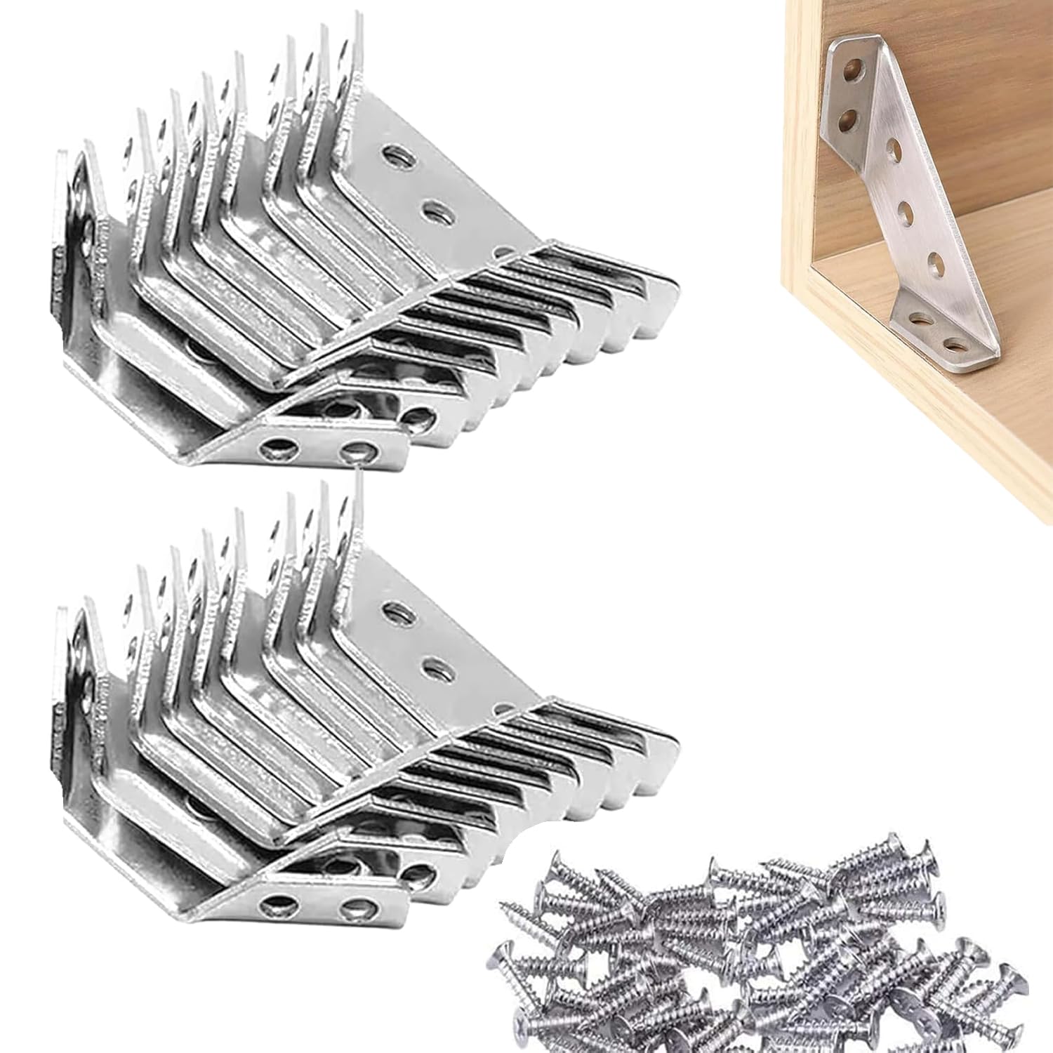 JOYVOX 20 PCS Universal Stainless Steel Furniture Corner Connector - Heavy Duty Corner Brackets for Wood with 120 PCS Screws, Ideal for Shelf, Cabinet, Table, Chair Reinforcement