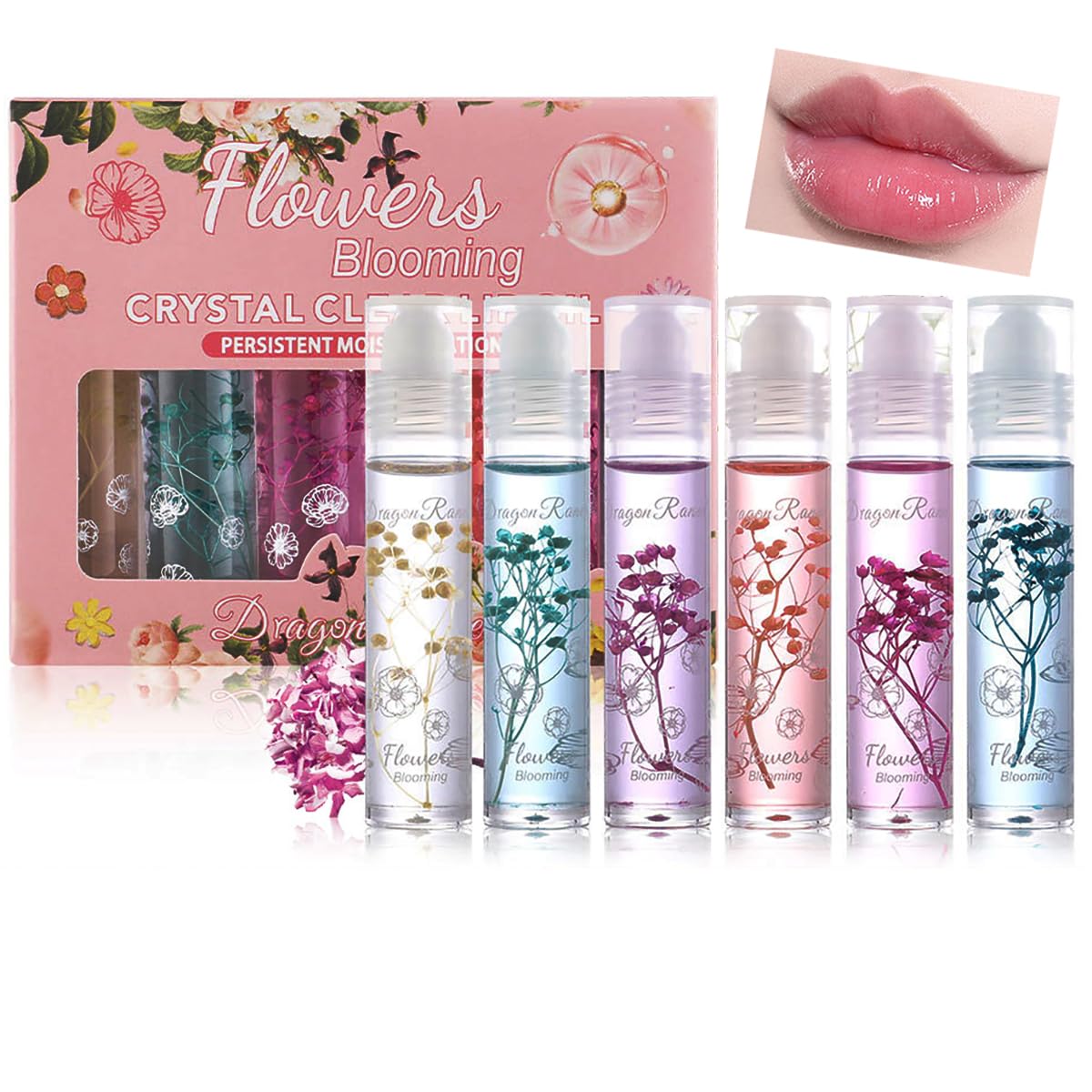 6 Pcs Flower Roll On Lip Gloss Set, Hydrating Lip Oil Set, Fruit-Flavored Plumping Lip Oil, Long Lasting Lip Glow Balm Lip Care, Transparent Moisturizing No-Sticky Lip Gloss