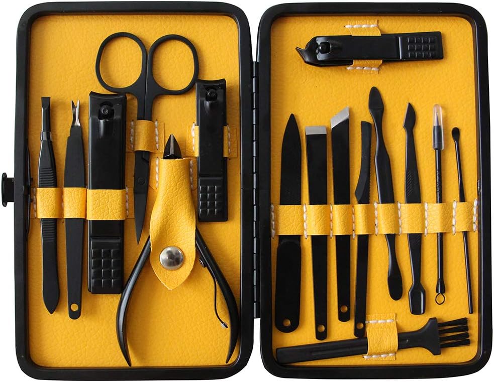RKFIZZ Manicure Set Nail Clipper Set Nail Grooming Kit Professional Stainless Steel Pedicure of 16pcs with Leather Case for Travel (Yellow)