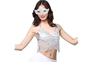 SUMERSHA Women's Belly Dance Crop Top Sequin Bra Tassel Top Festival Halter Tank Top Club Wear Rave Party Sparkly Costume Top