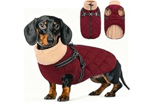 Queenmore Dog Coat, Dog Coats for Small Dogs, Doggy Winter Jacket with Zipper On Back, Waterproof Pet Jacket with Harness Built in, Pet Puffer Coat for Bichon, Schnauzer, Yorkie, Burgundy S