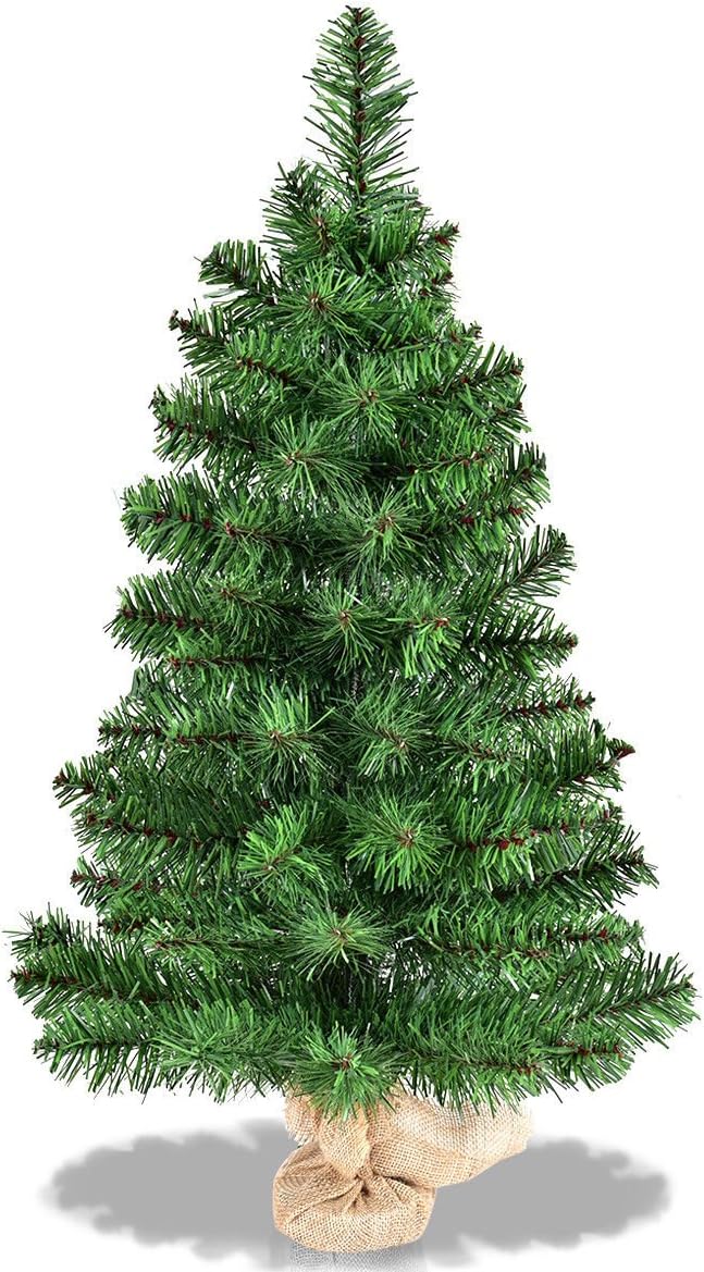 Trees - Goplus 3ft Tabletop Mini Christmas Tree, Artificial Small Christmas Tree with 96 PVC Branch Tips, Cloth Bag Base, Green Spruce Xmas Tree for Home, Office Decoration, No Assembly Required