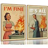 Funny Vintage Kitchen Canvas Wall Art Humorous 50s Cooking Pictures Wall Decor I'm Fine Housewife Posters Chef Baking Painting Print Artwork for Dining Room Restaurant Cafe Bakery Decor, Unframed