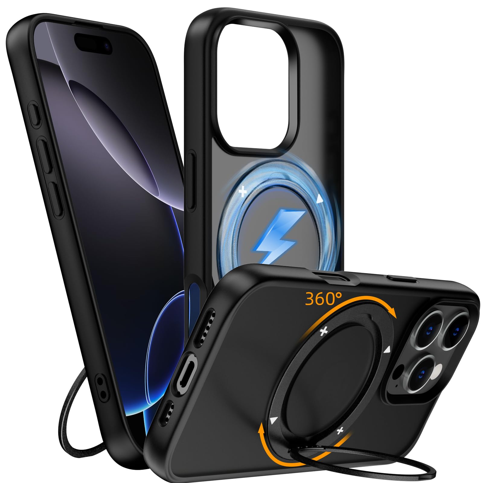 X-level for iPhone 16 Pro with Magnetic Robust Stand Ring, Compatible with Magsafe, Shockproof Military Standard Protection Slim Matte Back Case for iPhone 16 Pro, Black