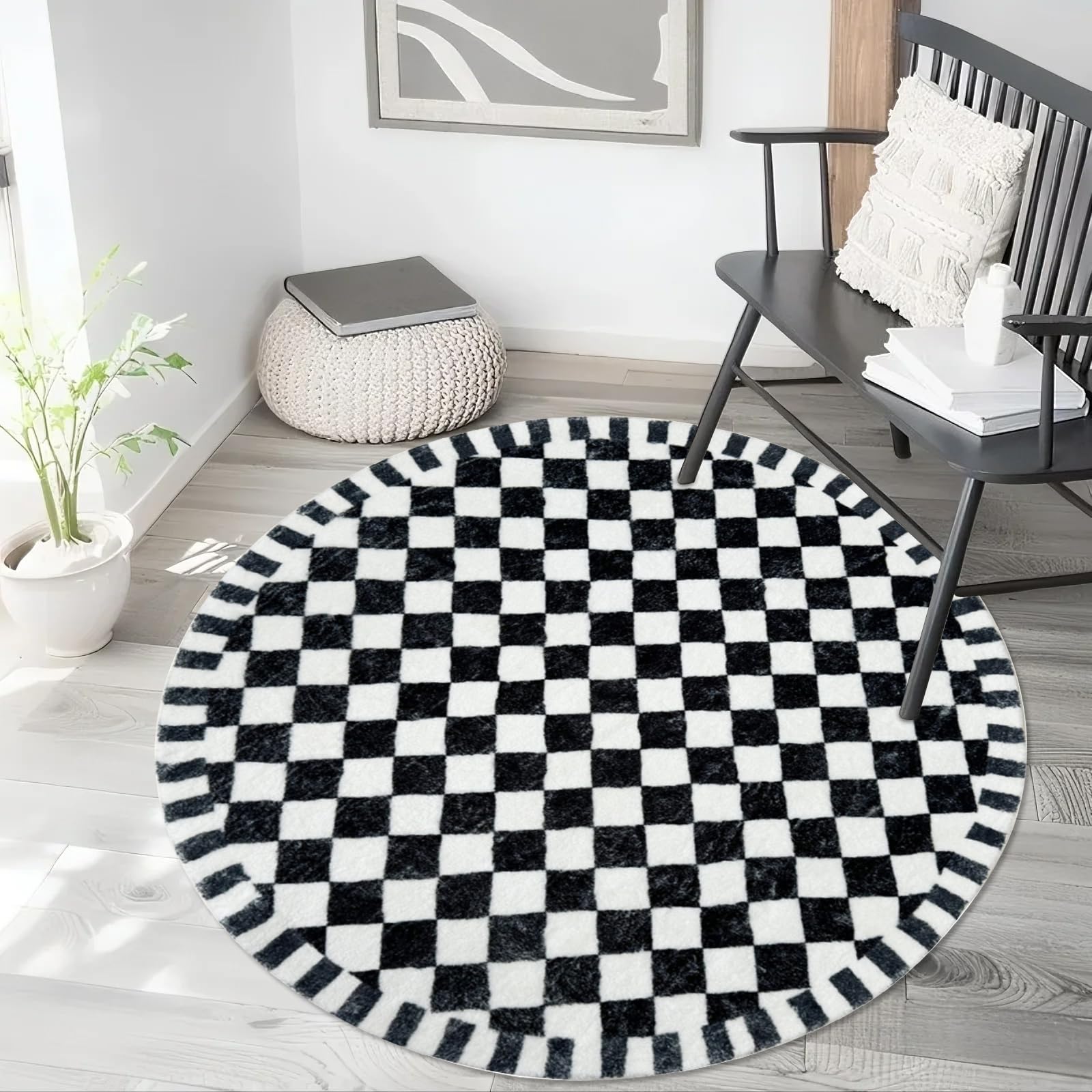 Photo 1 of Lacomfy Checkered Rug 4Ft Round Modern Rug Circle Buffalo Plaid Check Bedroom Carpet Nonslip Farmhouse Floor Mat Washable Checkerboard Area Rug for Living Room Home Decor, Black