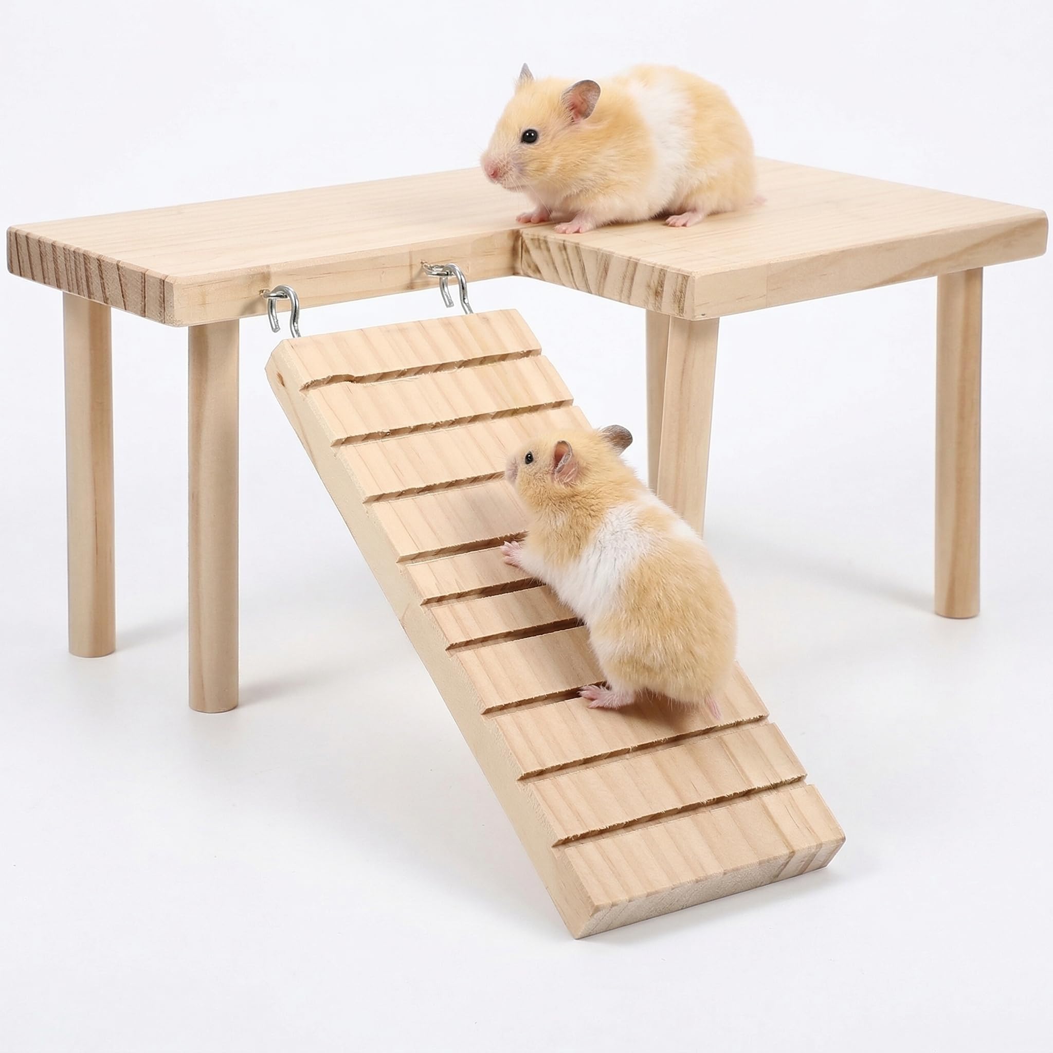 POPETPOP Hamster Platform with Climbing Bridge, Wooden Hamster Cage Accessories Play Stand for Gerbils Mice Small Pets, 28x17x13.5 cm