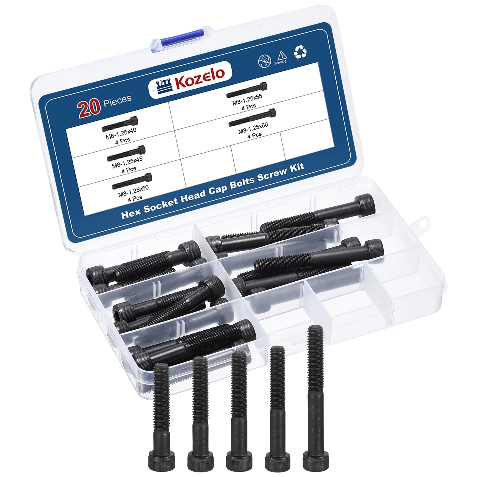 Kozelo 20pcs M8 Socket Head Cap Screws Bolts Nuts Assortment Kit - [M8x40/45/50/55/60mm] Alloy Steel Fully Threaded Black Oxide 12.9 Internal Hex Screw for 3D Printer Use — image 1