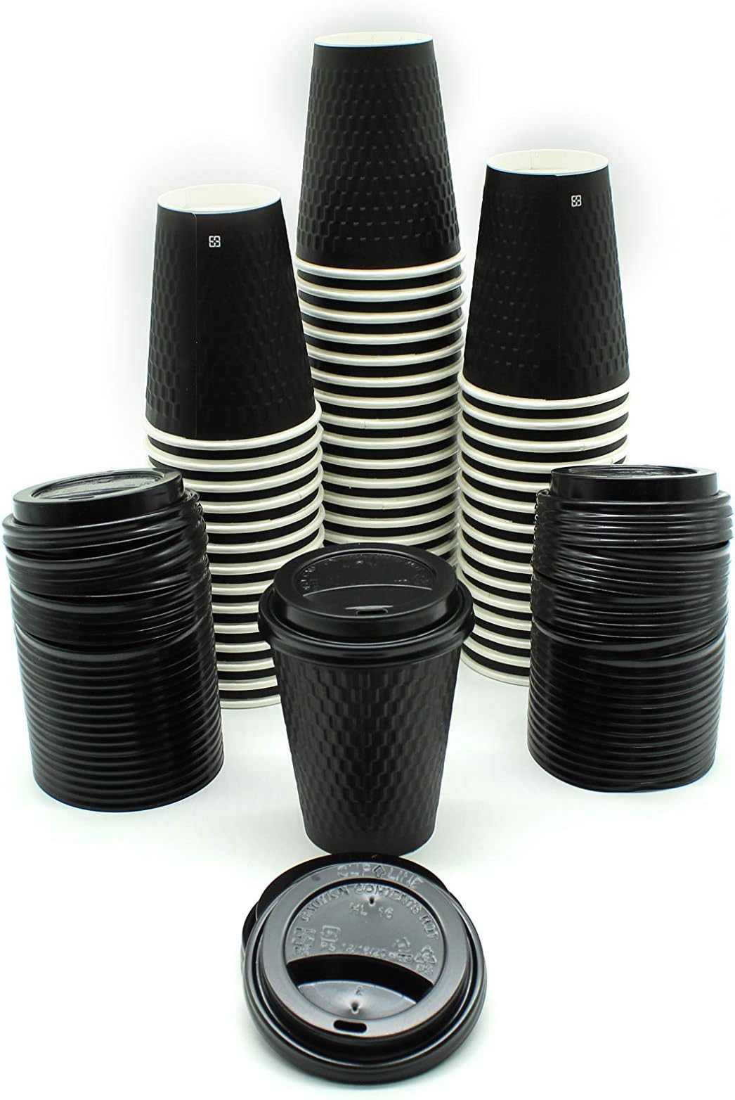[1000 SETS] 12 Ounce Black Double-Wall Disposable Black Embossed Paper Insulated Cups and Lids for Hot Beverage Coffee Espresso Chocolate Cappuccino Latte Cocoa Tea (12 oz, Lids, Double-Walled)
