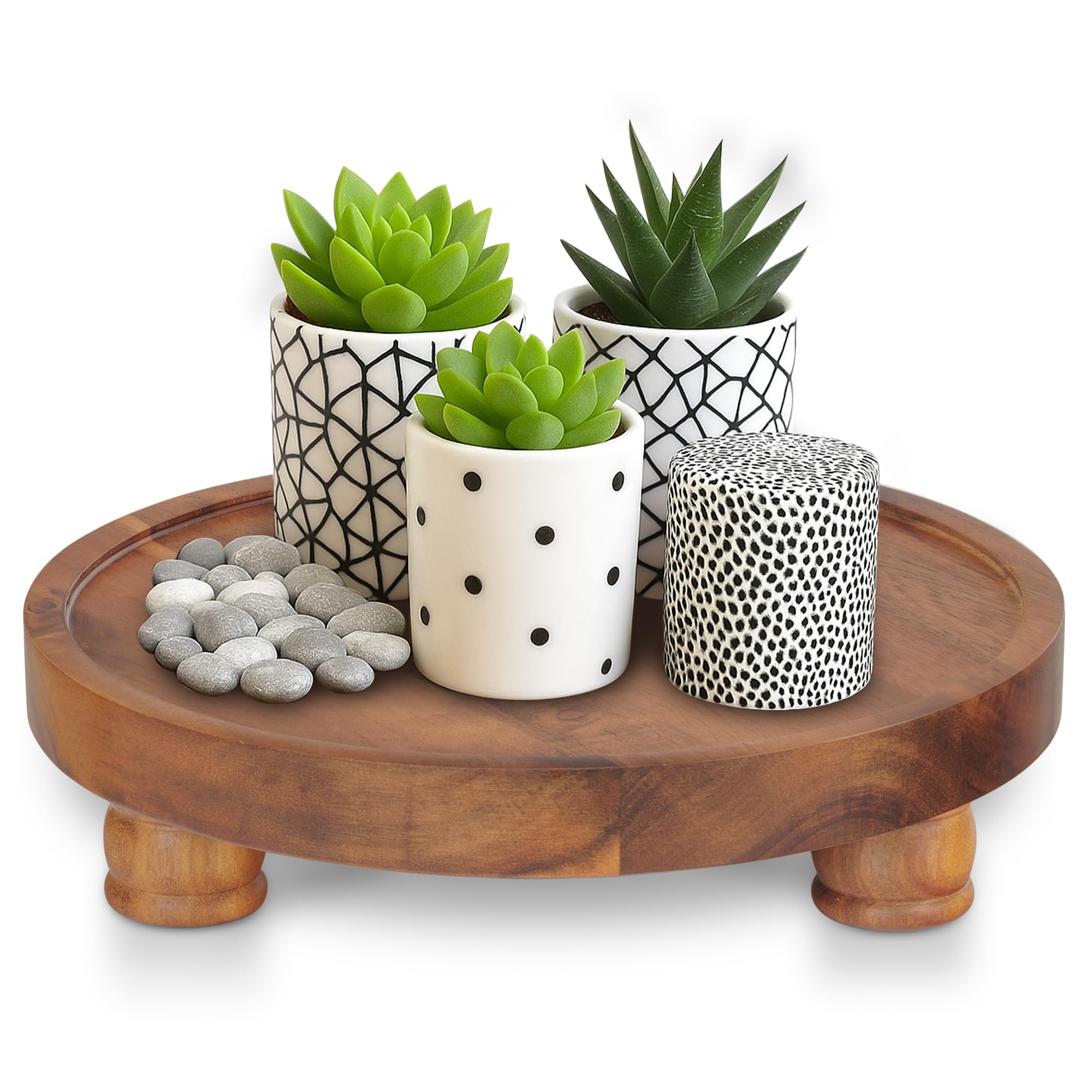 Photo 1 of Demigo 10" Acacia Wood Round Tray - Decorative Plant Stand, Farmhouse Countertop Organizer, Multi-Purpose Display Pedestal, Riser Board for Soap, Perfume, Candles, Sponge, Bathroom, Kitchen