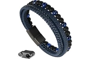 Ailetop Gifts for Men - Layered Leather Beads Bracelet, Tiger Eye Lava Rock Stone Braided Leather Bracelets for Men Adjustable Magnetic Clasp Birthday Gifts