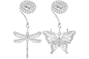 Dotlite 2Pack Dragonfly and Butterfly Ceiling Fan Pull Chain, 14inch Silver 3mm Beaded Light Core Extender Pendant Ornaments Extension Decoration with Connector