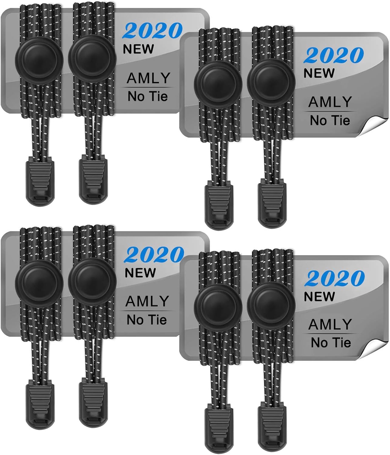 AMLY 4 Pairs of Elastic No Tie Shoelaces, Upgraded Lock, Reflective Shoe Laces for Kids and Adults (Black- Black-Black-Black): Shoes