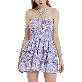 Mebius Womens Floral Mini Dress Summer Criss Cross Halter Backless Preppy Smocked Waist Short Ruffle Dress Picnic Beach