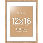 Homeforia 12x16 Wood Frame, High End Natural Oak 12x16 Light Wooden Picture Frame with Mat 9x12, 12 x 16 Poster Frames Matted to 9 by 12 Photo, 16x12 Hanging Frames, Tempered Glass, Wall Kit, Set of 1