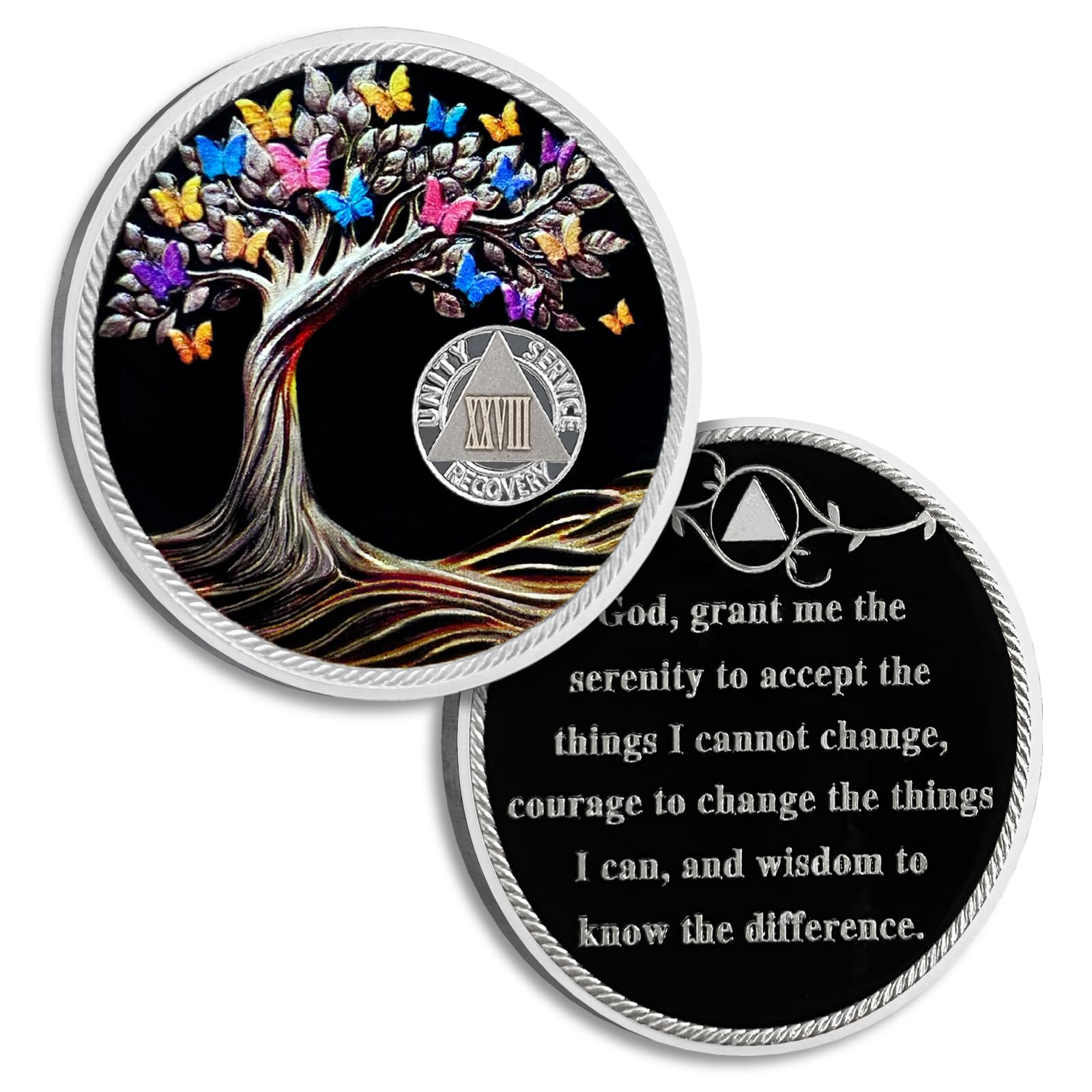 28 Years Sobriety Coin Butterfly Tree of Life AA Chips and Medallions Sobriety Recovery Chip Sober Token Sobriety Gifts for Men Women Celebrating Alcoholics Anonymous Recovery
