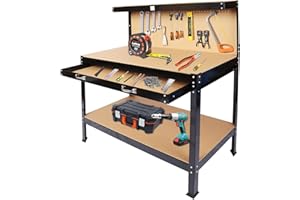 SPOWAY Garage Workbench, 300 Lbs Load Capacity Heavy Duty Work Bench, Workbench with Pegboard Drawer Backplate Metal Frame Wood Top Workbench for Workshop Office Home Garage, 48" W x 24" D x 63" H