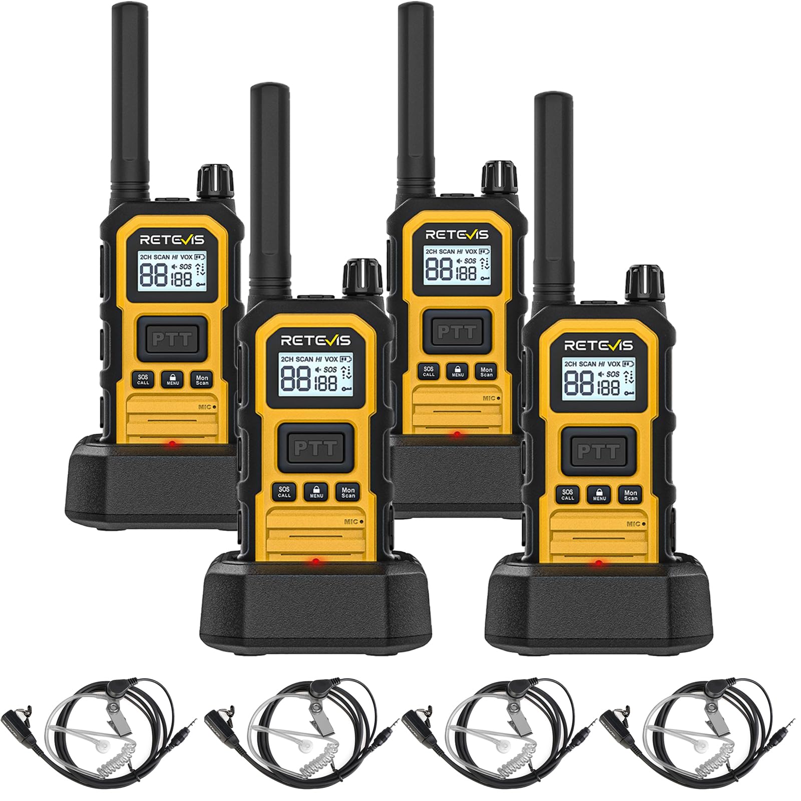 Retevis RB648 Plus Rugged Walkie Talkie, IP67 Waterproof 2 Way Radios with Earpieces, Extended Range, 2000mAh, Dual PTT, Professional Walkie Talkies for Harsh Industrial Environments (4 Pcs,Yellow)