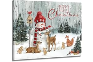 YPY Merry Christmas Canvas Wall Art Decor: Snowman Reindeer Pictures Prints - Winter Decorations Paintings Posters Artwork Indoor Farmhouse Framed 15"x12"