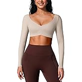 BRXL Long Sleeve Workout Crop Top for Women Built in Bra Gym Athletic Tops Deep V Neck Ruched Padded Dance Sexy Shirts