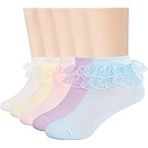 Meeshine Toddler Baby Girls Ruffle Lace Socks Princess Eyelet Frilly Mesh Dress Cotton Ankle Socks for 1-9T Kids 5 Pairs