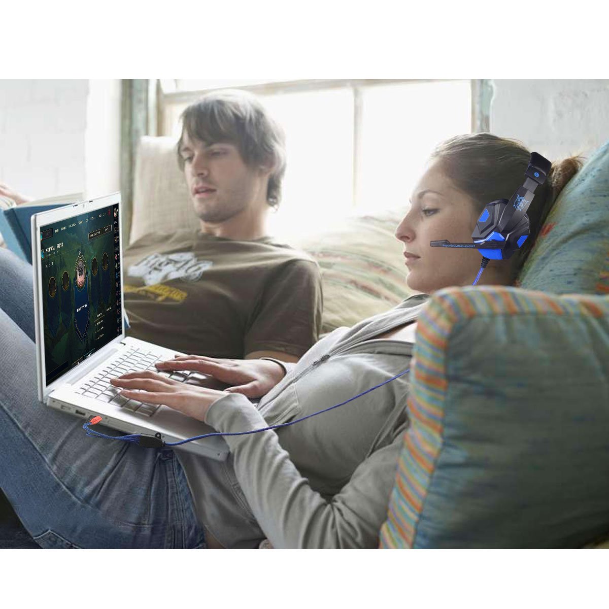 Hyfanda Gaming Headset Over-Ear Headphones Stereo Bass LED Light Noise Reduction Earphones with Mic for PC Game (Black Blue)