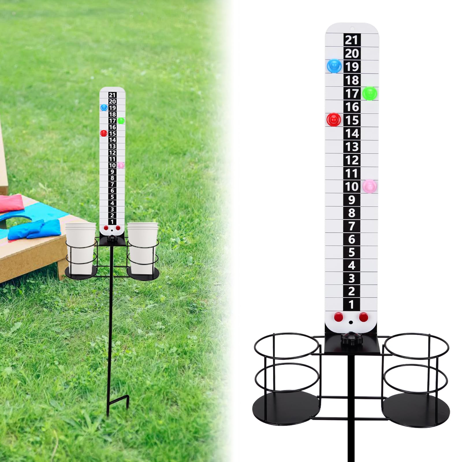 BOOSTEADY Metal Cornhole Scoreboard with Drink Holders Corn Hole Score Keeper with Magnetic for Outdoor Yard Lawn Game