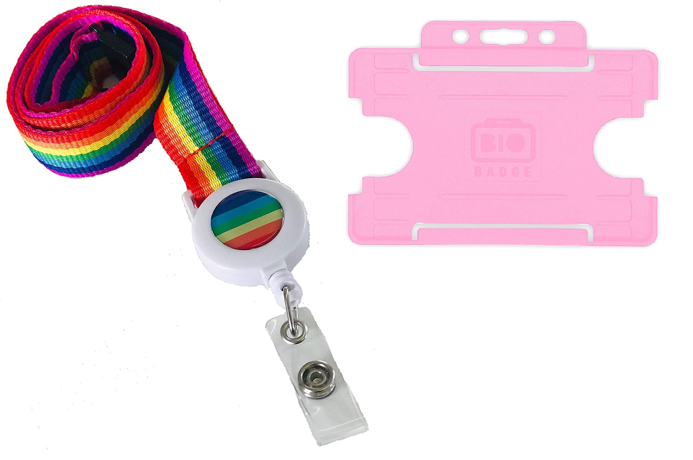Hi Quality 20mm Lanyard with Integrated Retractable Badge Reel & Matching Single Card Holder (Rainbow)