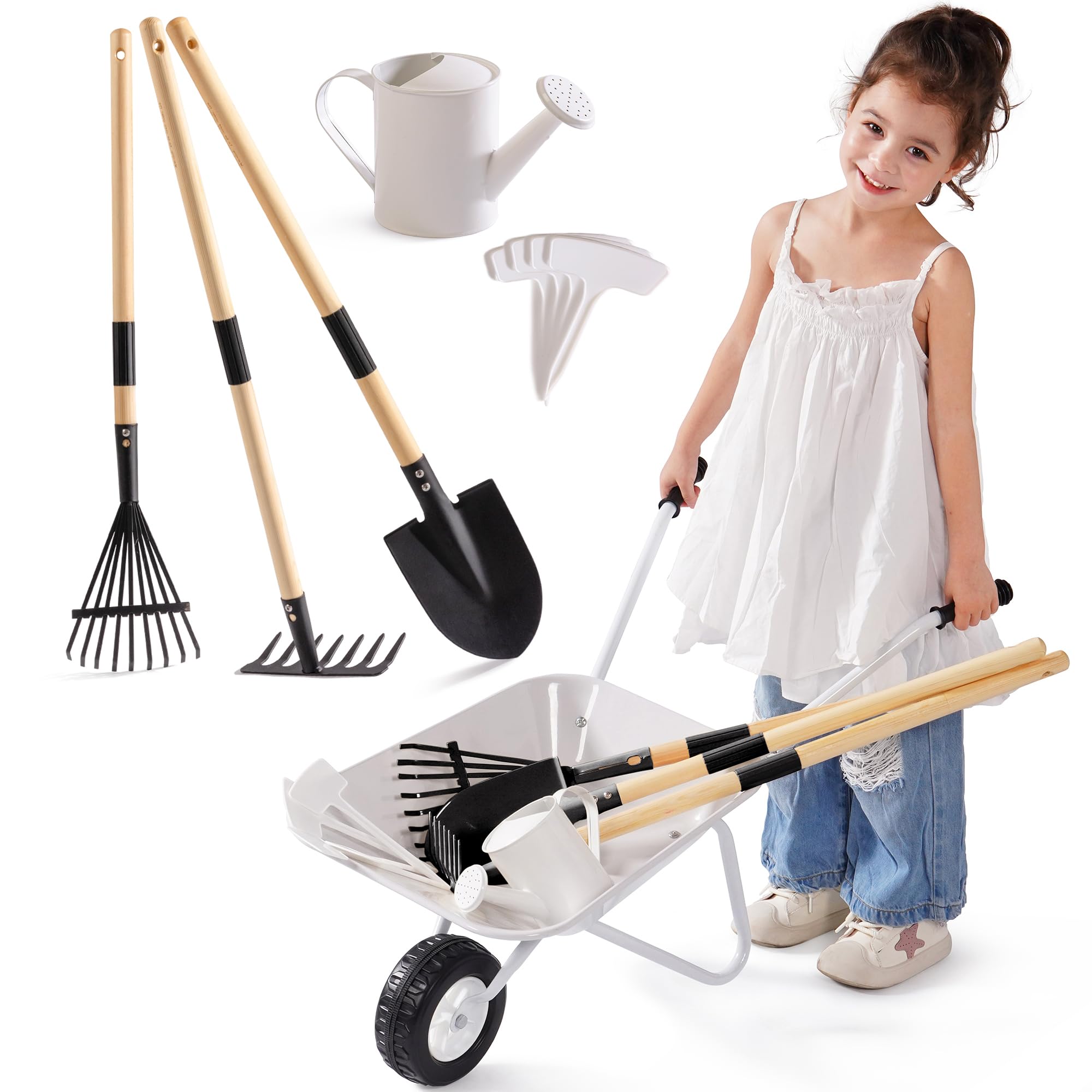 ROBOTIME Kids Metal Wheelbarrow & Planting Tools, 5PC Large Gardening Set with Adjustable Pine Handle, Outdoor Backyard Playset with Watering Can, Rake, Shovel, for Boys & Girls Ages 3+ (Grey Black)
