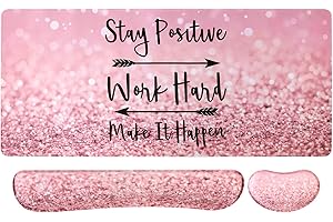iCasso Large Mouse Pad for Desk, Pink Desk Mat +Keyboard Wrist Rest Support, Memory Foam, Easy Typing Pain Relief, 3Pcs XXL Extended Ultra Thick Computer Mats for Desktop -Pink Stay Positive