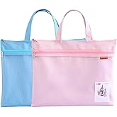 Pendancy Mesh Zipper Pouch 11x13.7 in, 2 pcs Large Double Pocket Waterproof File Bag with Handle, A4 Size Foldable Document Storage for Puzzle Project/Cross Stitch/Travel/Office(Blue Pink)
