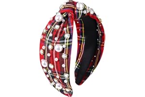 GLBCC Christmas Headband for Women White Pearl Rhinestone Crystal Jeweled Embellished Hairband Wide Top Knot Hairband Headpieces Christmas Holiday Party Costume Decoration (red plaid knot hairband)