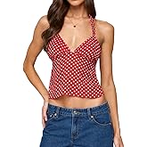 Women's Y2k Polka Dots Halter Neck Tops Sexy Deep V Neck Sleeveless Backless Tie Up Cropped Tank Top