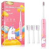Kids Toothbrush Electric Girls Electric Toothbrush Rechargeable Age 3-5-6-12-18 Year Old, 3 Modes 4 Vibrating Heads Habit-Forming Stickers 31000VPM Girls Toothbrush (Unicorn Pink)