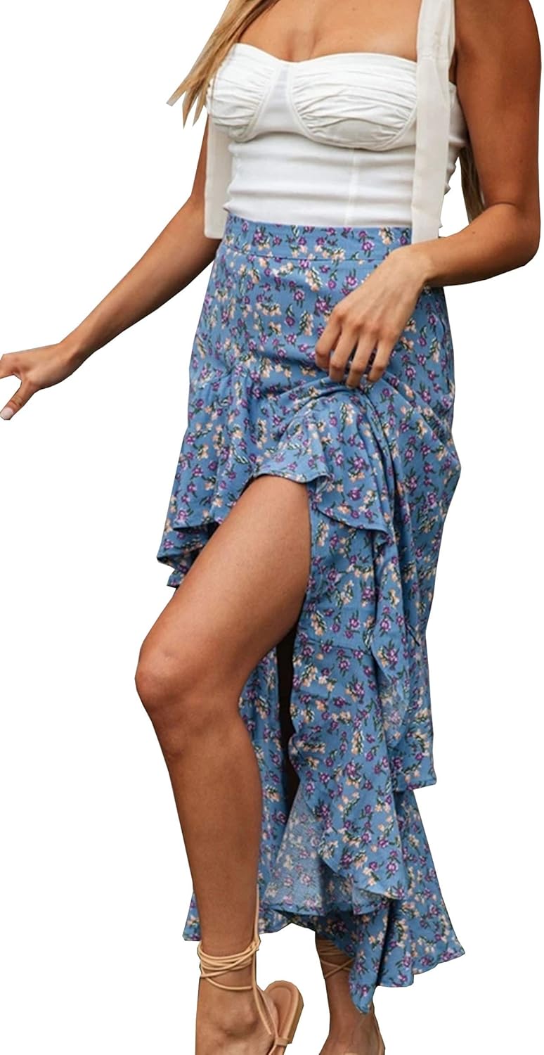 blue floral long skirt