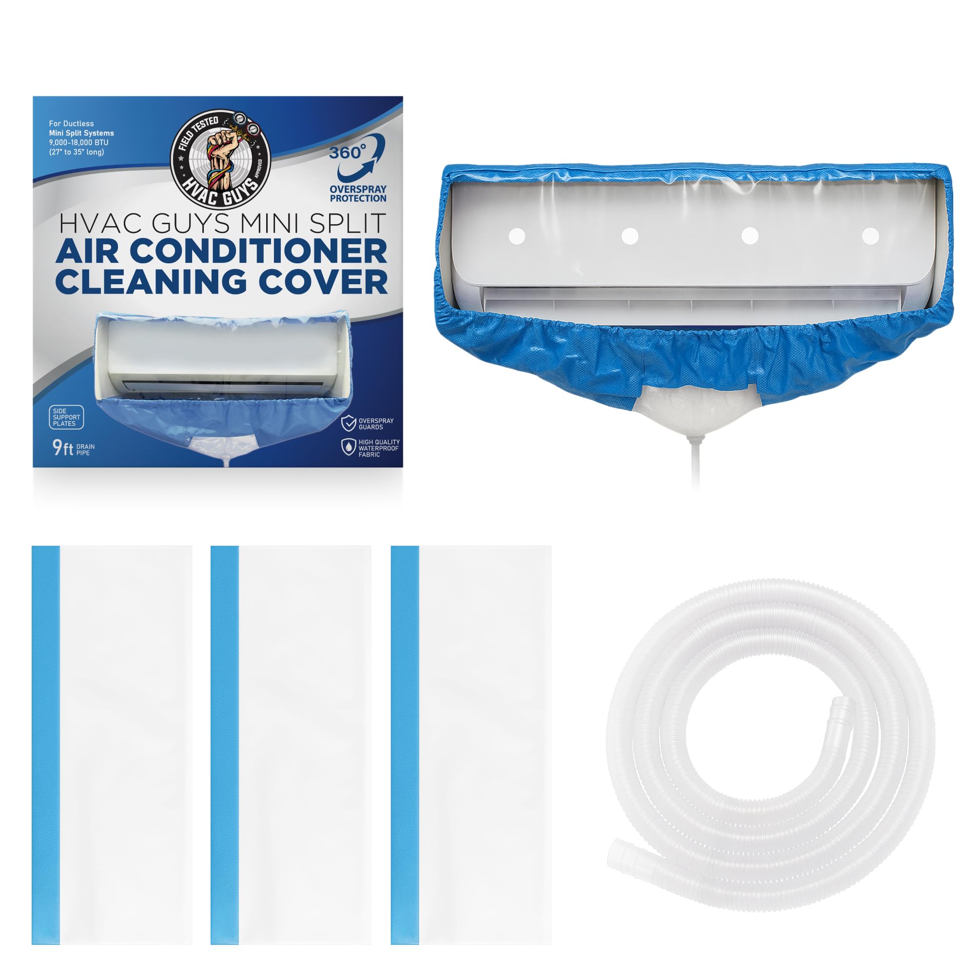 Mini Split Cleaning Bag | 360 Waterproof Design | Fits Systems 27in - 39in Long | Mini Split Cleaning Kit Includes Overspray Guards and Drain Hose