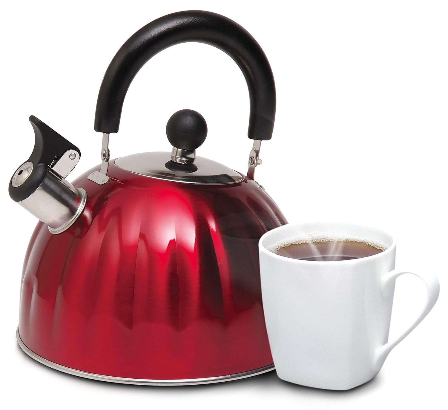 Whistling Tea Kettle Stainless Steel StoveTop Teapot Round Red